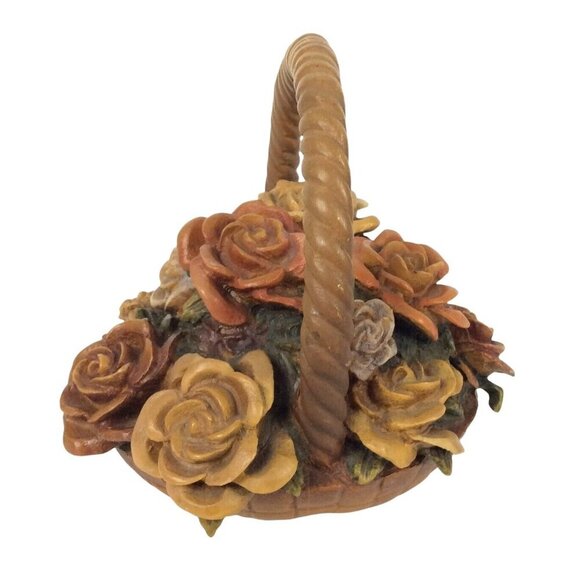 Vintage Mid-Century Carved Composite Wood Flower Basket Figurine Detailed Roses - Picture 2 of 7